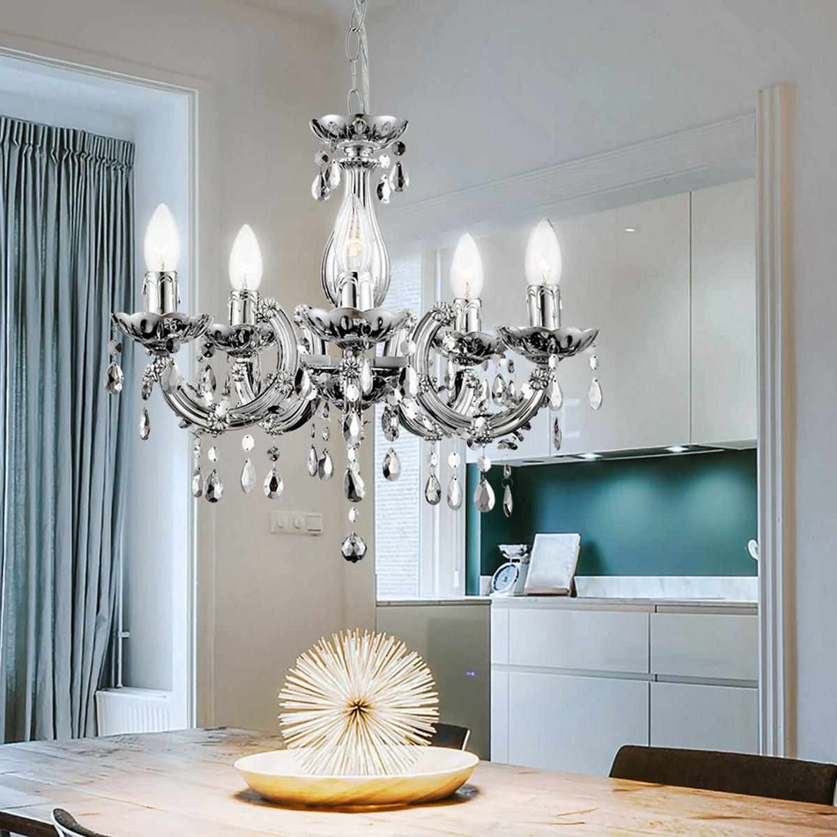 KRONLEUCHTER CUIMBRA II Silber Kristalloptik - Silberfarben, Metall (44/44/128cm) - Globo Lighting