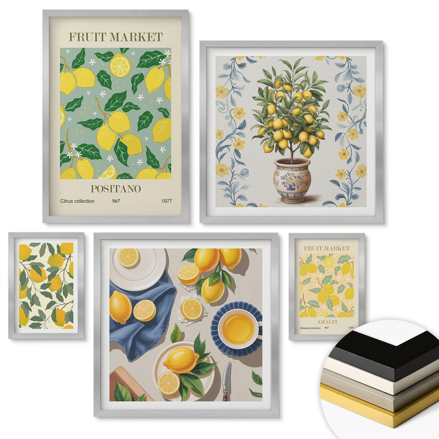 WANDBILDER 5er Set - 50x50 cm & 20x30 cm & 40x60 cm Silberner Rahmen - Zitronenbäume in der Sonne - Silberfarben, Kunststoff (40/60cm) - ArtPrintCave