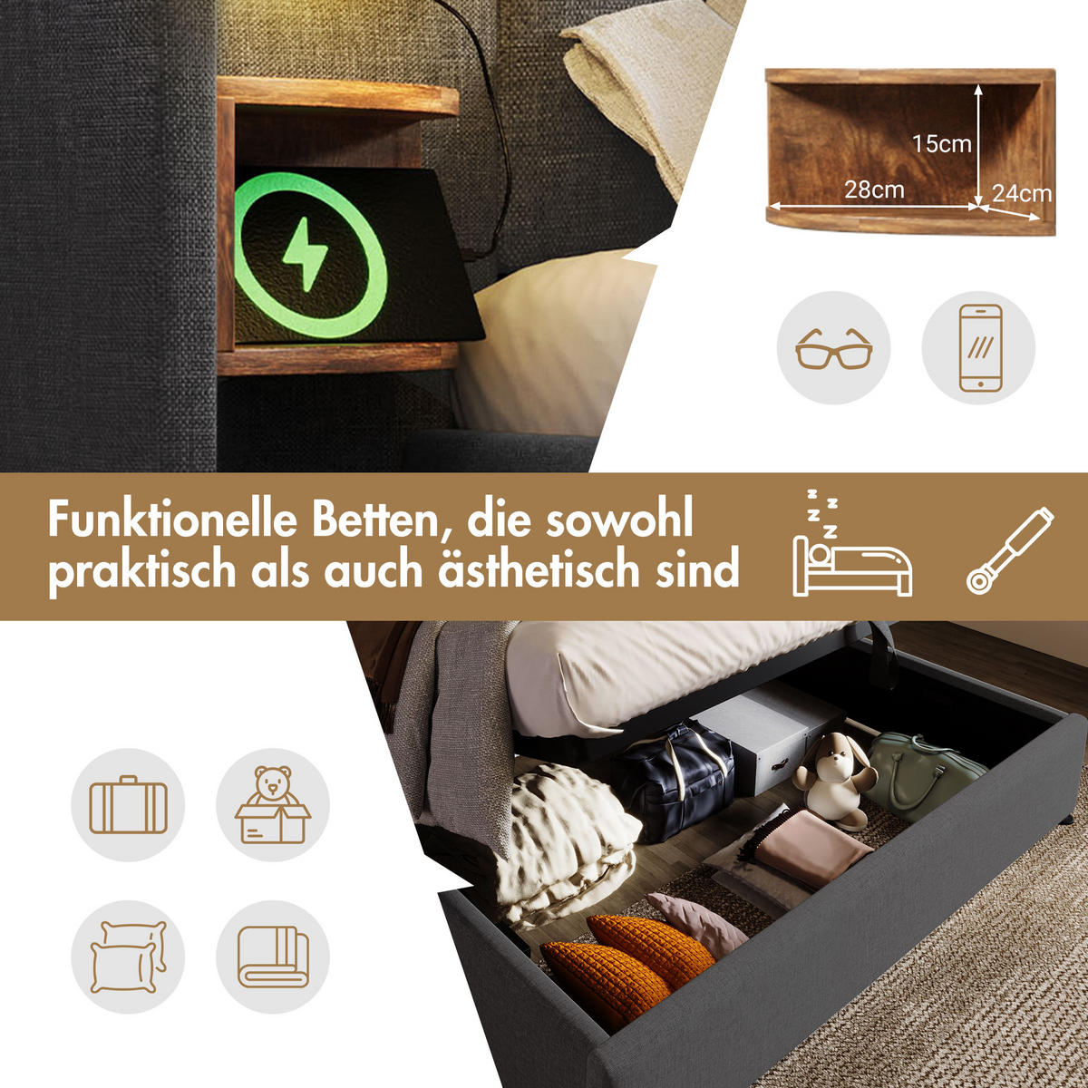 POLSTERBETT 160/200 cm Grau aus Leinen mit Stauraum - Grau, Textil (160/200cm) - OKMYHOME