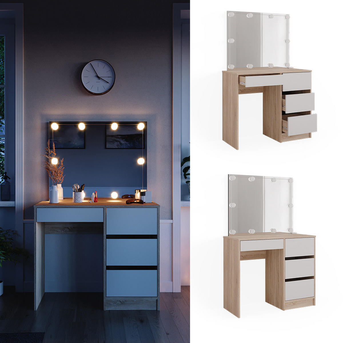 SCHMINKTISCH Sherry Sonoma 90 cm mit LED Beleuchtung - Weiß/Sonoma Eiche, Holzwerkstoff (90/75/40cm) - Vicco