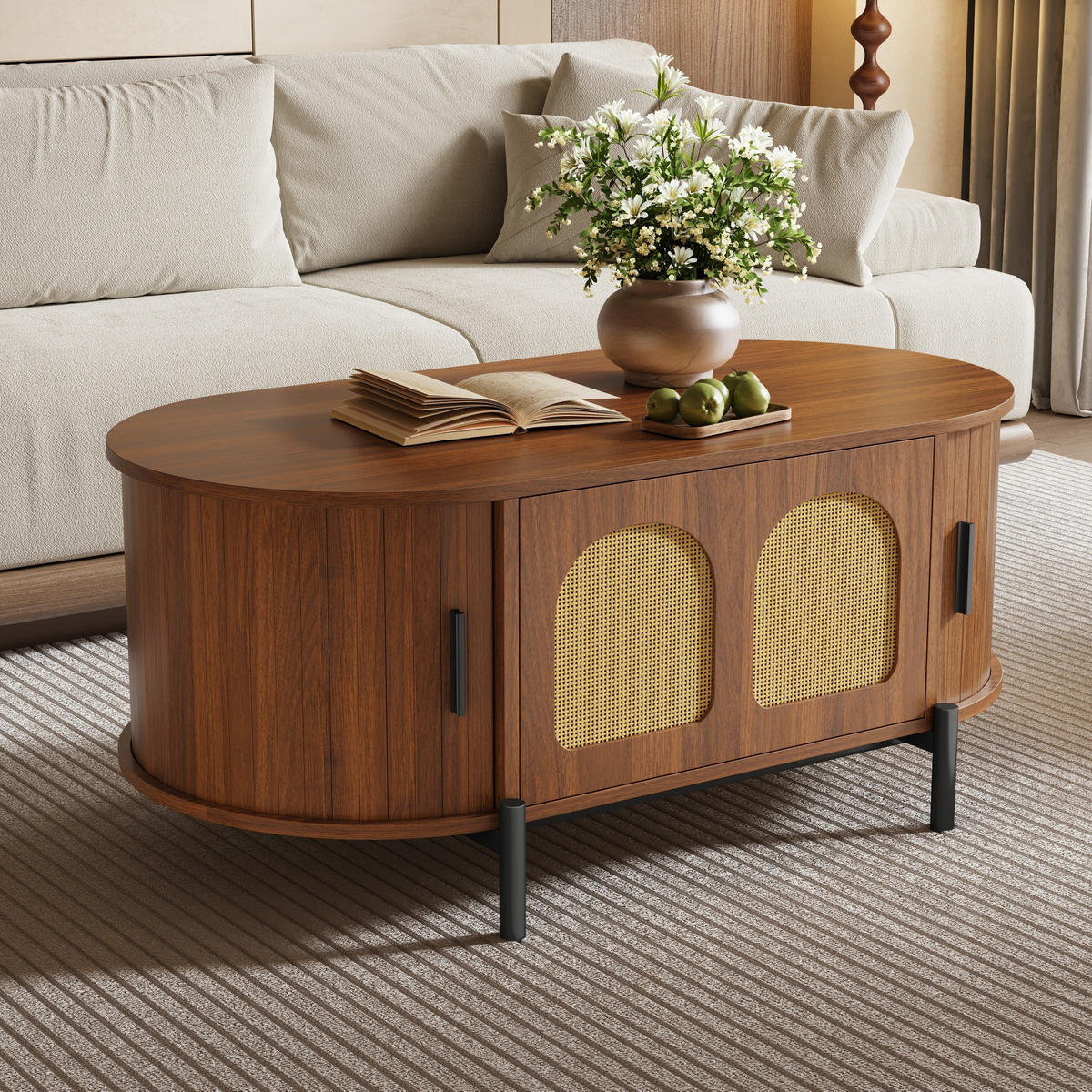 COUCHTISCH Nussbaum 100/50/40 cm oval mit Rattandetails - Walnussfarben, Holzwerkstoff (50/100/40cm) - PANGIVO