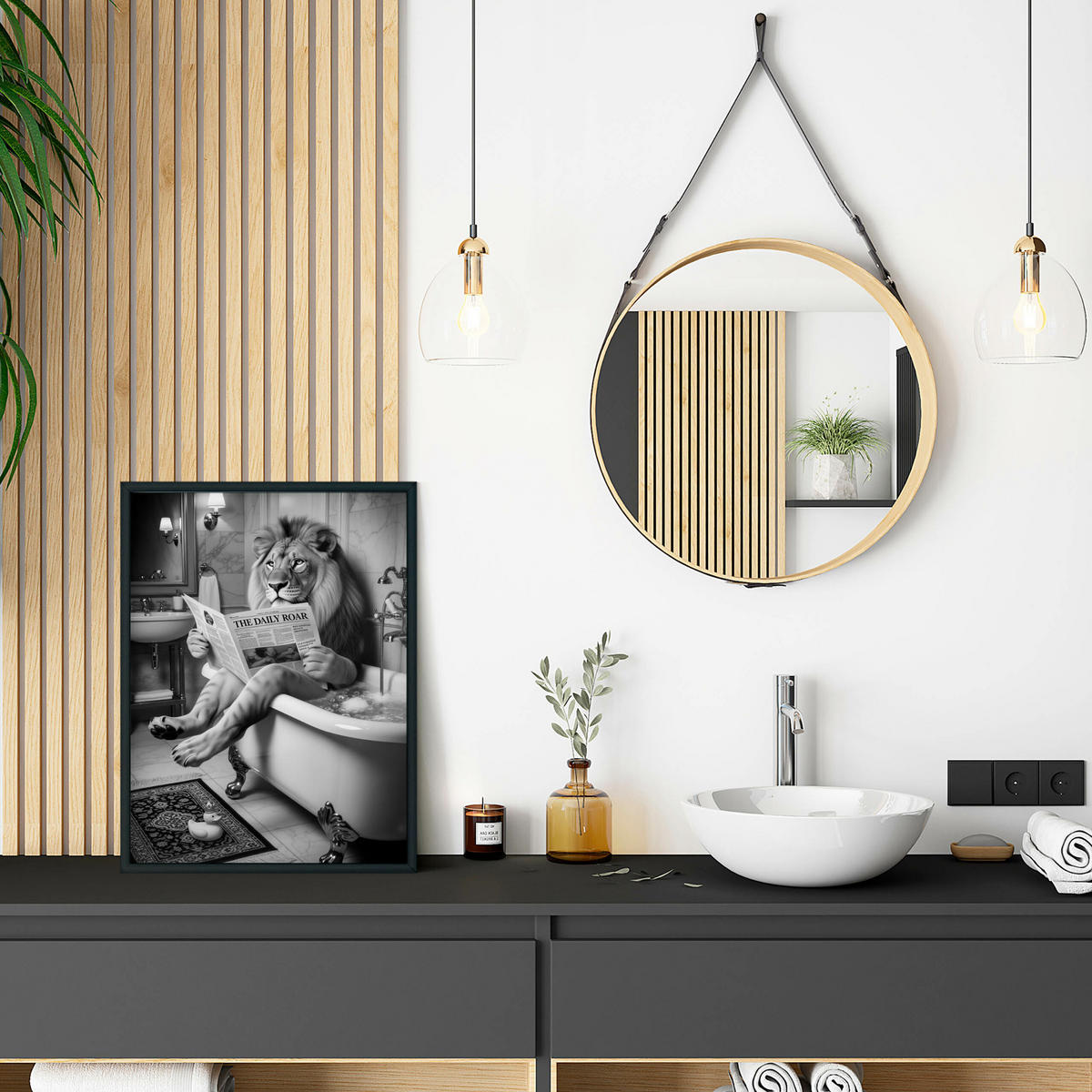 POSTER für Badezimmer WC LÖWE in Badewanne Zeitung Abstraktion 20x30cm - Schwarz/Weiß, Papier (20/30/1cm) - Muralo
