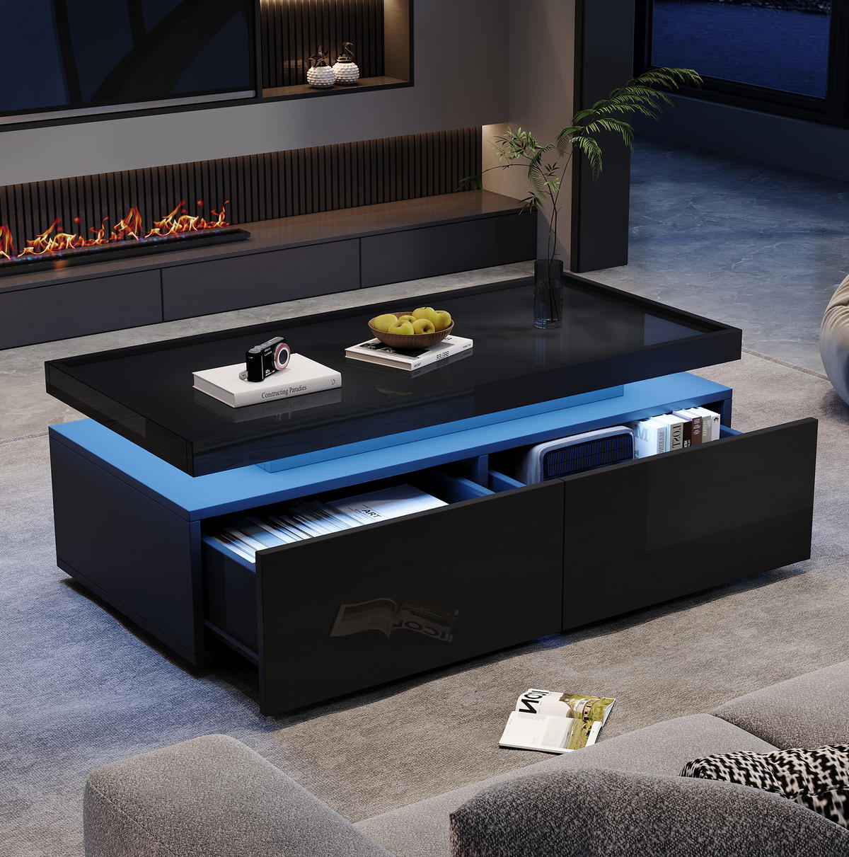 COUCHTISCH 95/45/35 cm in Schwarz Hochglanz mit LED-Beleuchtung und 2 Schubladen - Schwarz, Holzwerkstoff (95/45/35cm) - Flora Grace