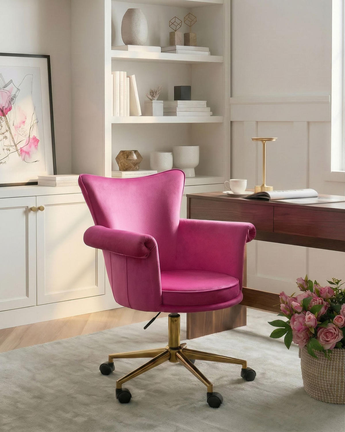 SCHREIBTISCHSTUHL Samtstoff Fuchsia Velencia - Pink, Textil (64/85/60cm) - Beliani