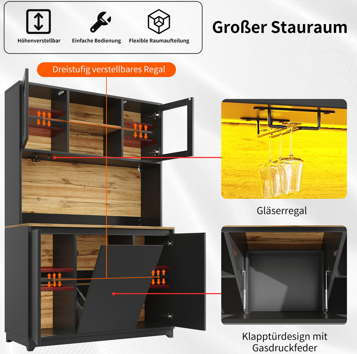 BUFFET 120/40/180 cm aus MDF und Metall mit LED-Beleuchtung Schwarz - Schwarz, Holzwerkstoff (120/180/40cm) - Modenvie