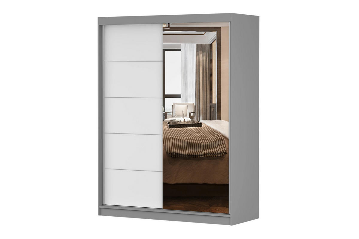 SCHWEBETÜRENSCHRANK VELMA 05 150/200 in Grau/Weiß mit Spiegel und LED - Weiß/Grau, Holzwerkstoff (150/61/200cm) - Deine Möbel 24