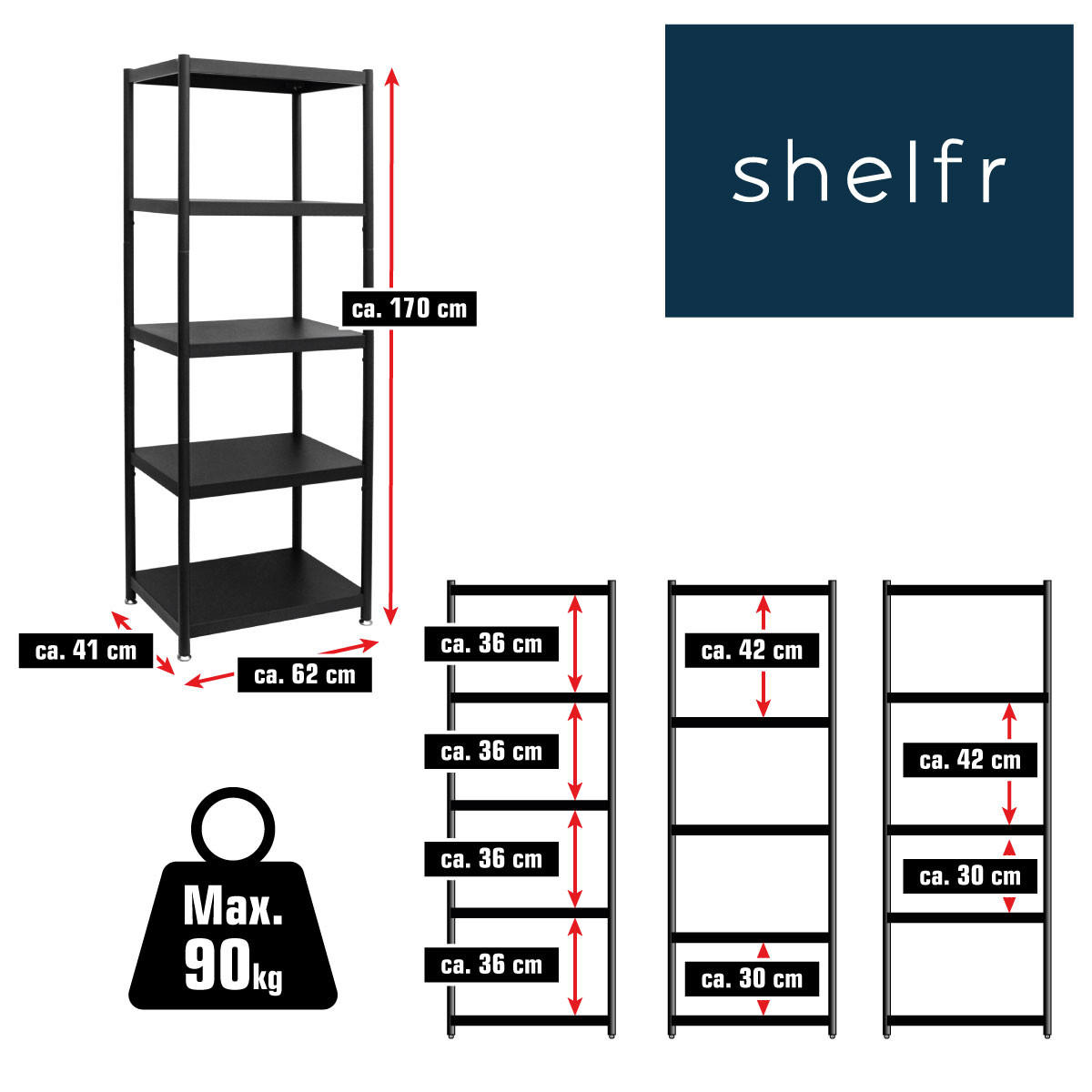 METALLREGAL 61x41x170 cm mit 5 Ebenen - Schwarz, Metall (41/170/61cm) - shelfr