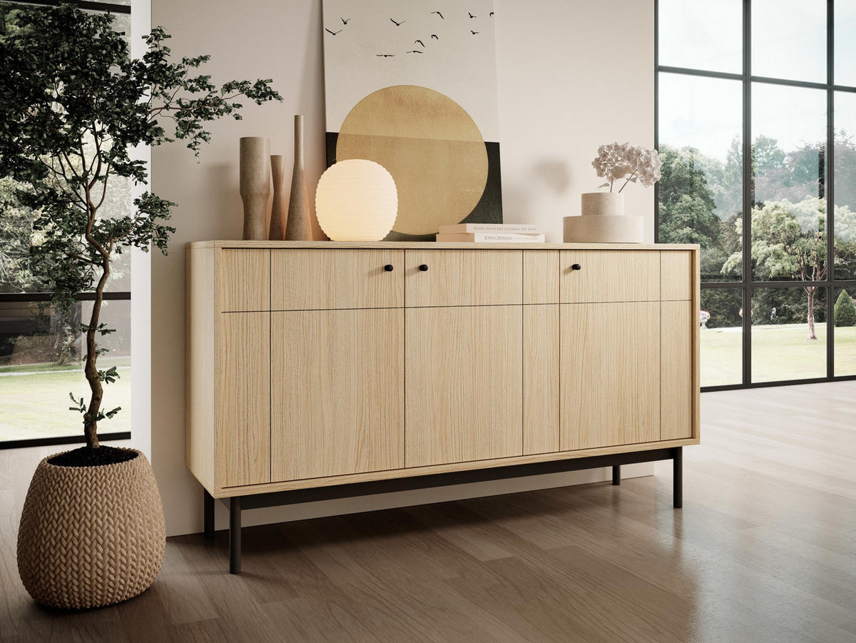 SIDEBOARD Japandies Eichenholzoptik 154 cm - Eichefarben/Schwarz, Holz/Holzwerkstoff (153.5/83.5/39cm) - Selsey