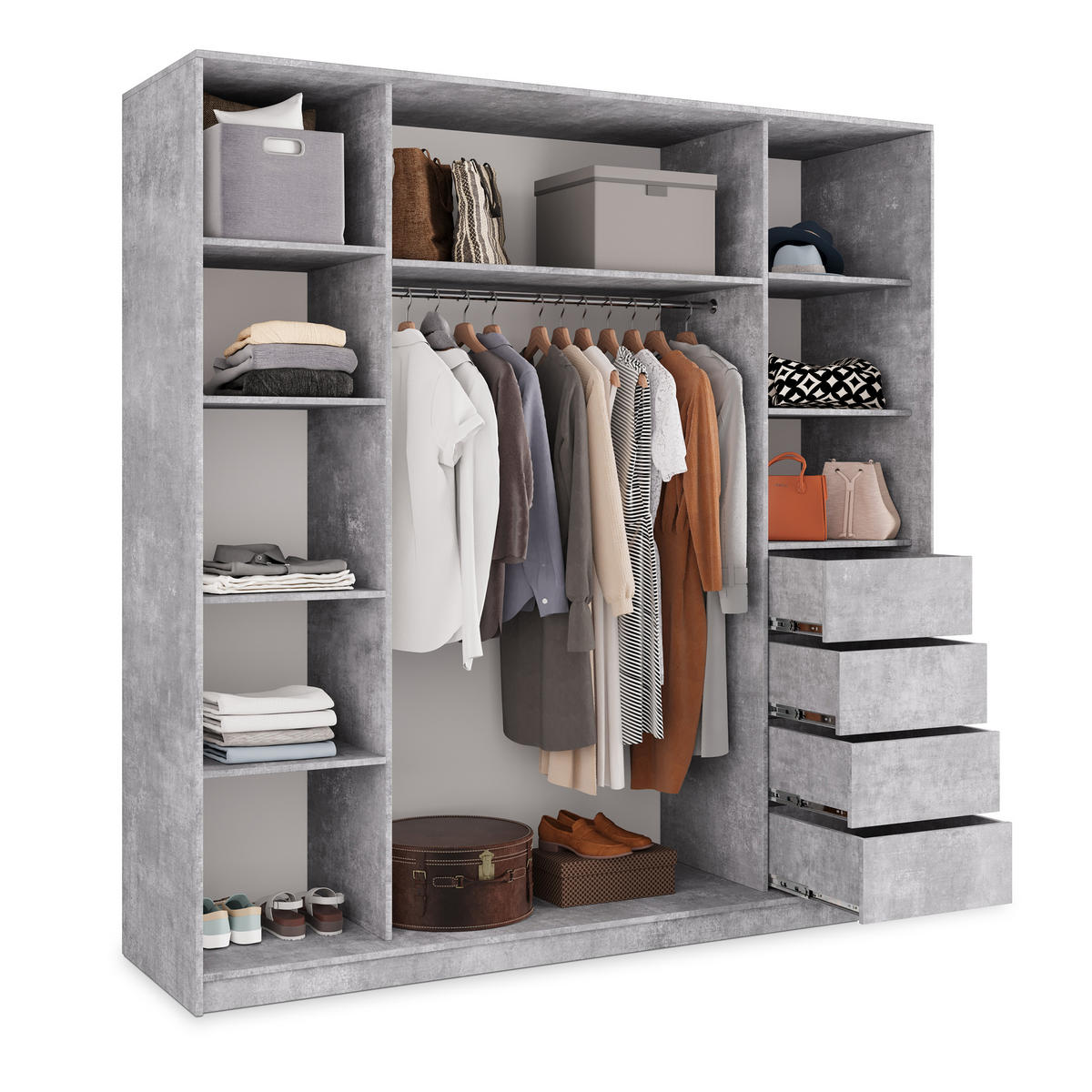 SCHWEBETÜRENSCHRANK PINA 200/205/58 cm 3-türig mit Spiegel und 4 Schubladen Titanfarben - Titanfarben, Holzwerkstoff (200/205/58cm) - MASSENO