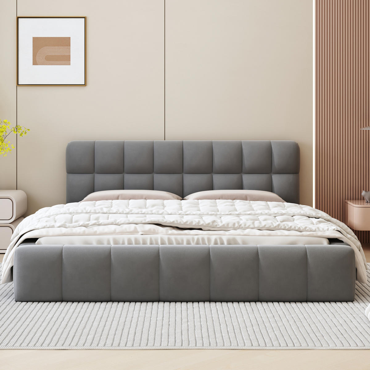 ČALÚNENÁ posteľ 140/190 cm, sivá, s pevným lamelovým roštom a zapusteným lôžkom - sivá, textil (140/190cm) - BEAOK