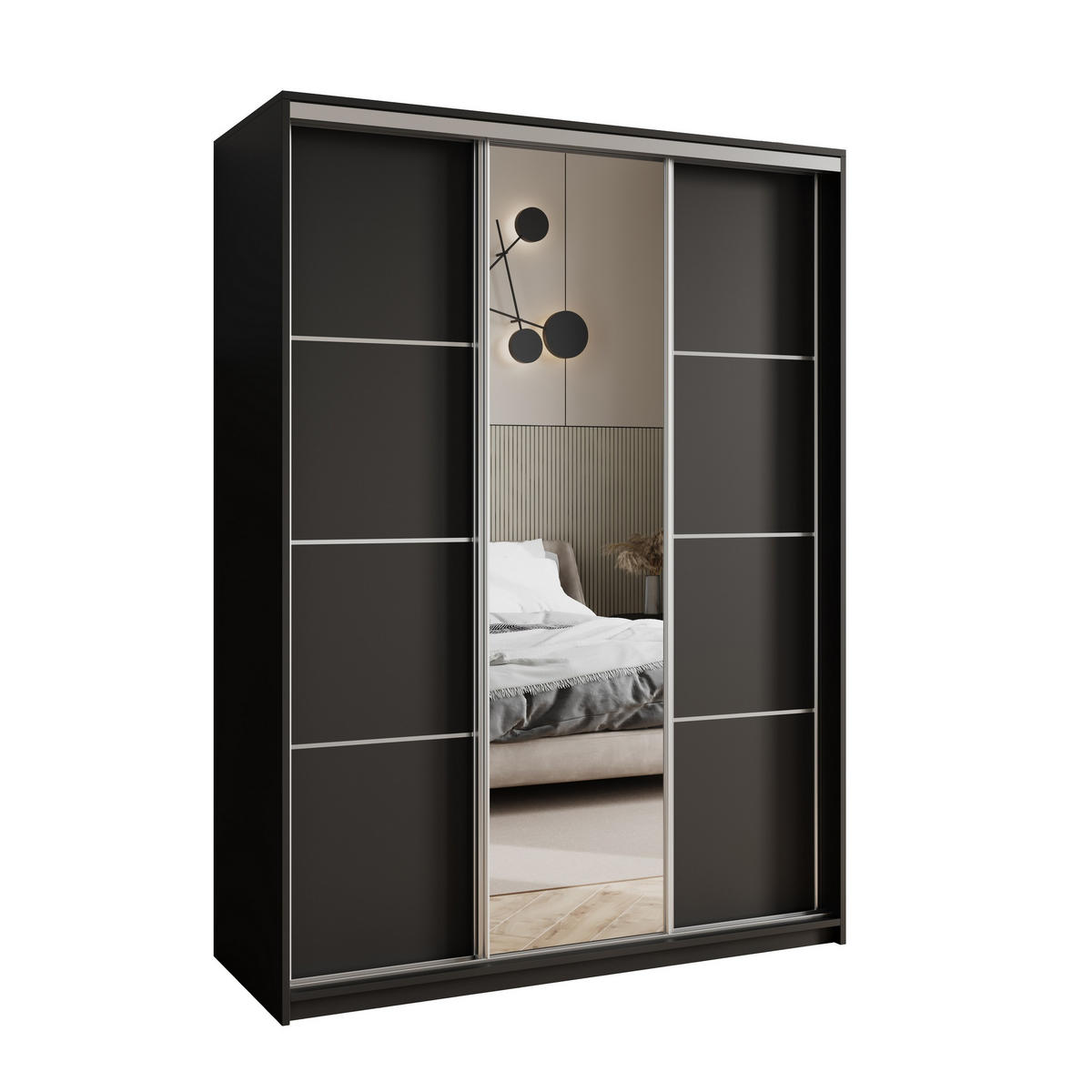 SCHWEBETÜRENSCHRANK VARO 150/205/60 cm 3-türig mit Spiegel Schwarz - Schwarz, Holzwerkstoff (150/205/60cm) - MASSENO