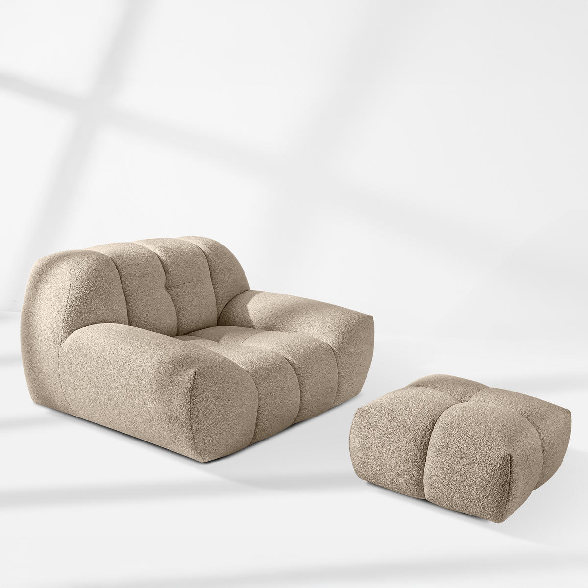 POUF VENA Bouclé, Beige - Sandfarben, Holz/Textil (65/38/65cm) - KONSIMO®