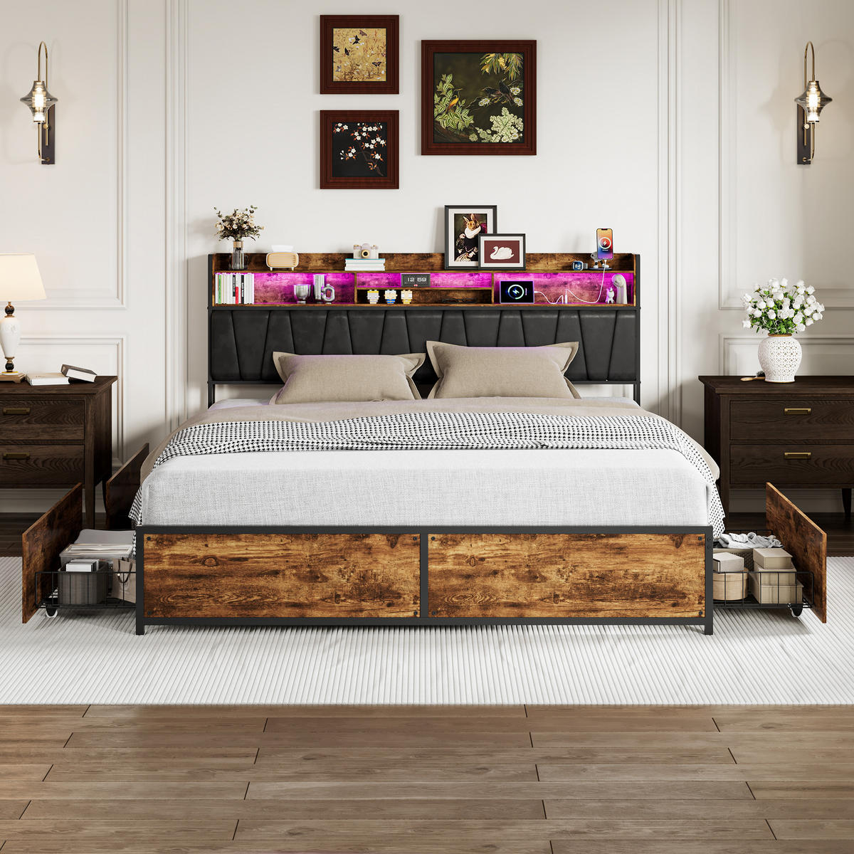 POLSTERBETT 180x200 cm, 4 Stauraumschubladen, LED-Leiste, Doppel-USB, in Braun - Braun, Holz (180/200cm) - BRILVERDE