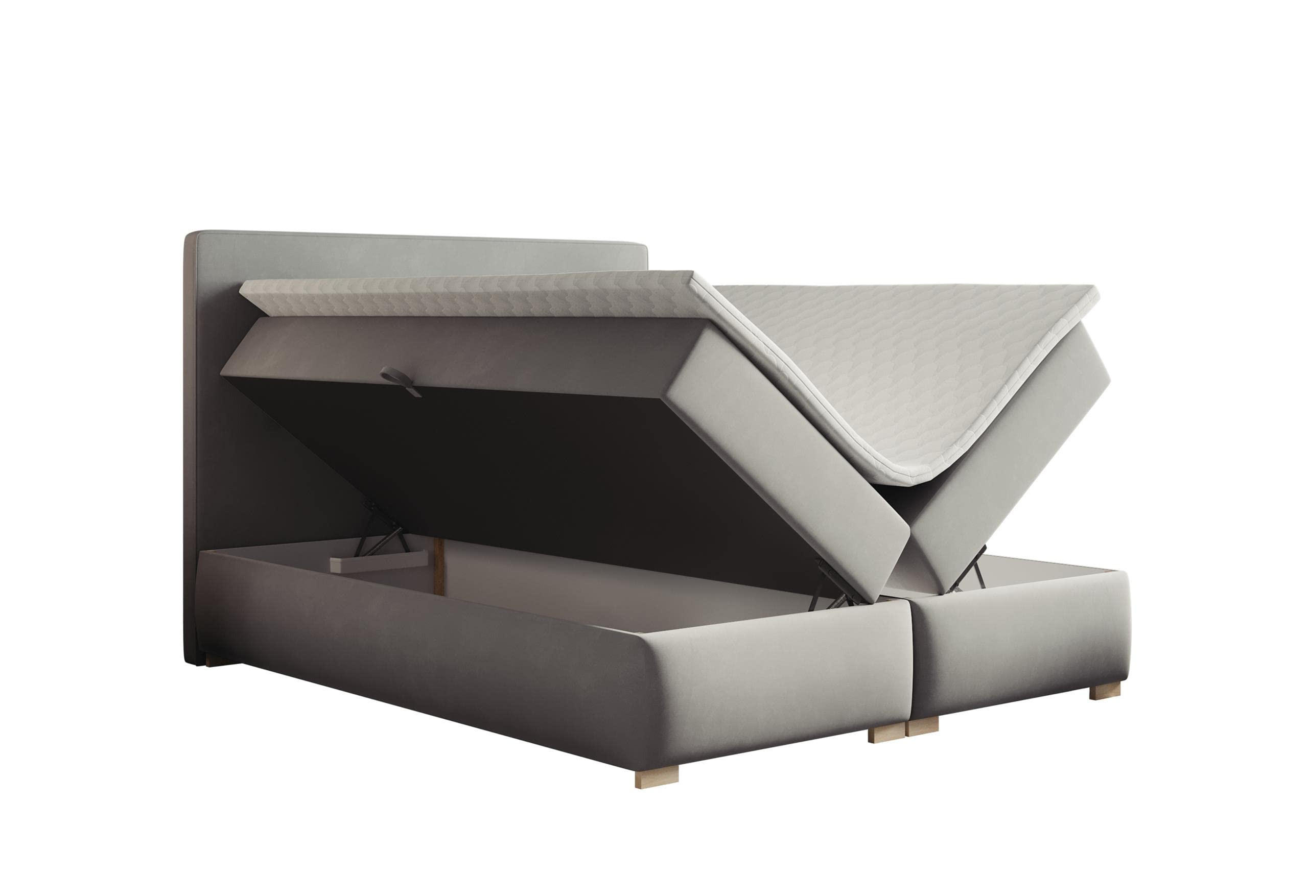 BOXBETT LUPIN, 200 x 200 cm, Double Bed für Schlafzimmer, Elegant Matratze und Bettkasten, Grau - Grau, Holz/Textil (200/200cm) - Trada