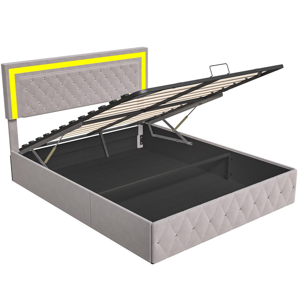 POLSTERBETT 160x200 cm - mit LED-Kopfteil und hydraulischem Bettkasten - Samt - ohne Matratze - Beige - Beige, Textil (160/200cm) - DELFA