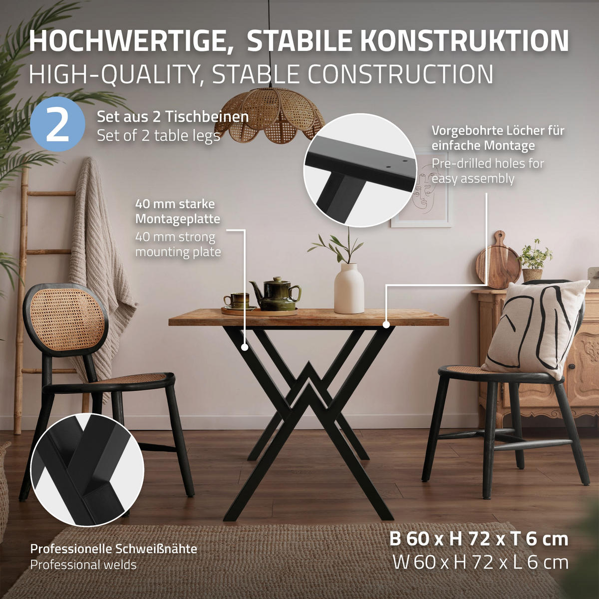 TISCHBEINE 2er Set 60xH72 cm X-Form, Schwarz - Schwarz, Metall (60/6/72cm) - ML-DESIGN