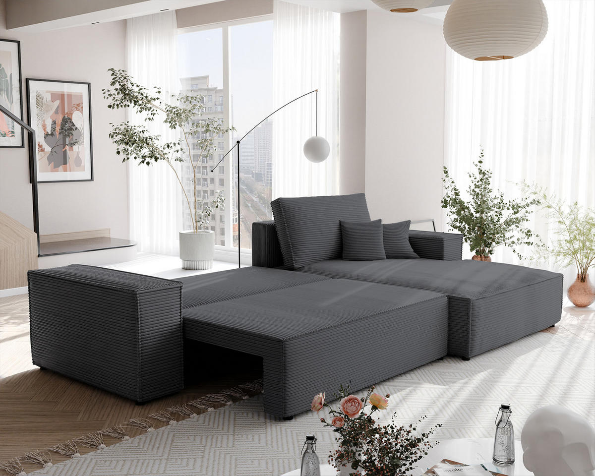 ECKSOFA NOVA mit Schlaffunktion und Bettkasten Dunkelgrau - Dunkelgrau, Holzwerkstoff/Kunststoff (250/90cm) - Idohome