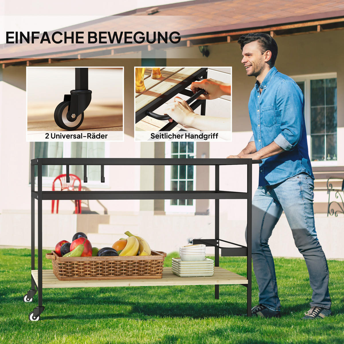 SERVIERWAGEN, Gartenrollwagen mit 2 Regalen, Haken, Rollen, Stahl, Tannenholz, Natur - Fichtefarben, Holz/Metall (65/80/107cm) - Outsunny