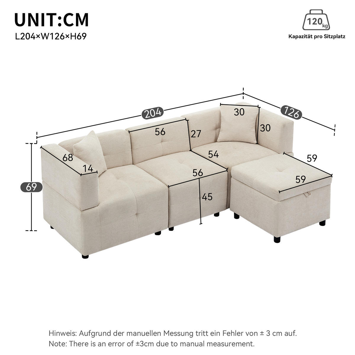 3-SITZER Ecksofa Chenille mit Stauraum-Fußhocker und 2 Kissen 204/126/69 cm Beige - Beige, Kunststoff/Textil (126/204cm) - Redom