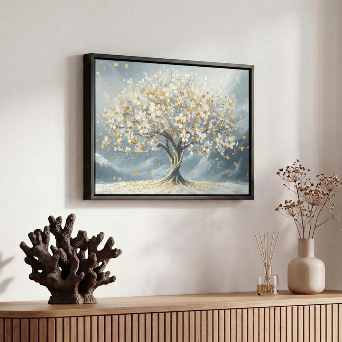 LEINWAND Bilder mit Rahmen - Baum - Winter - Baum des Lebens - Modern - Gold - 30x20 - Goldfarben, Textil (30/20cm) - MuchoWow