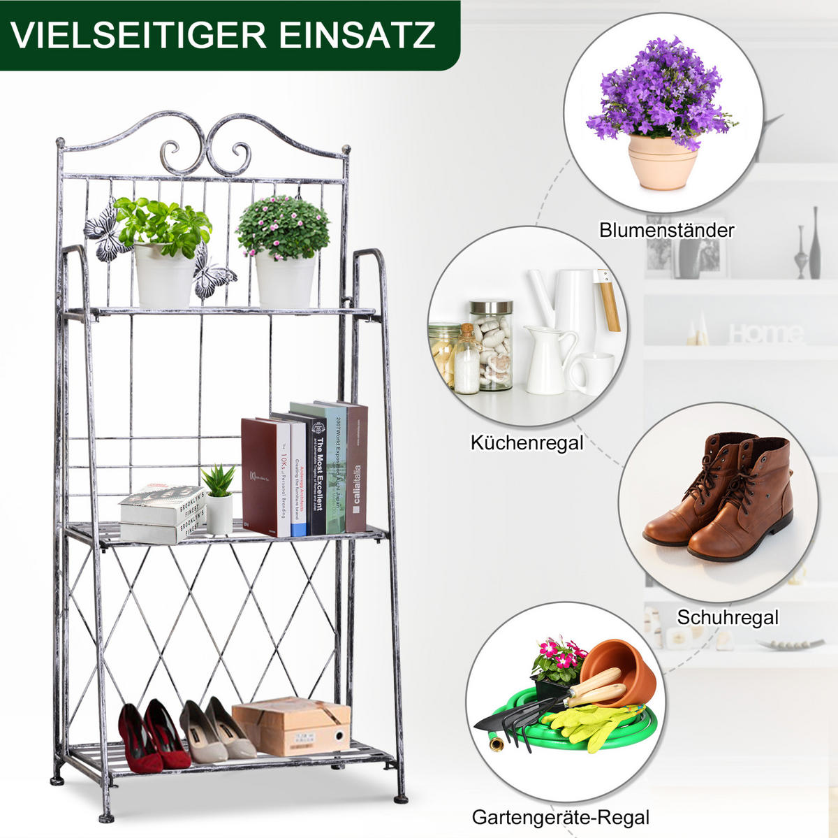 PFLANZENREGAL 44/25/96 cm klappbar mit 3 Ebenen und Antik-Effekt, Grau - Grau, Metall (25/96/44cm) - Redom