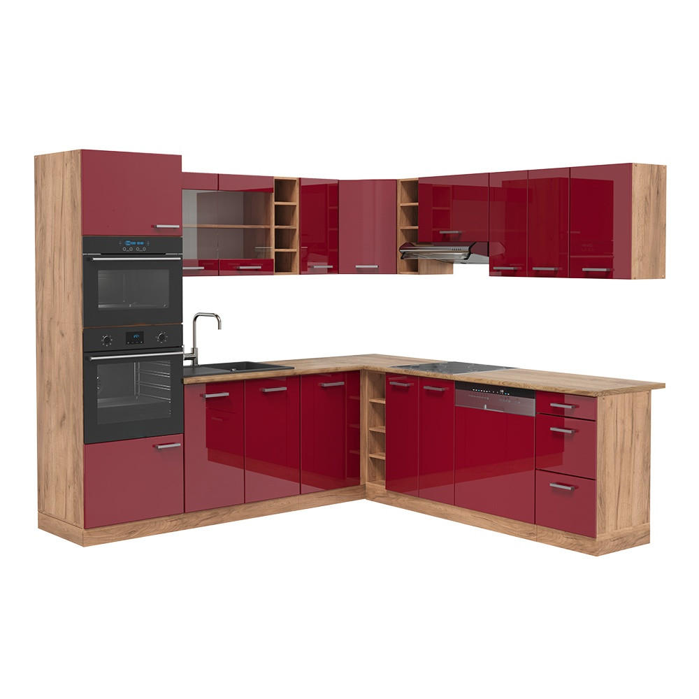 ECKKÜCHE R-Line, Rot Hochglanz/Goldkraft Eiche, 247 x 237 cm, AP Eiche - Honigeiche/Rot, Holzwerkstoff (247/81.6/60cm) - Vicco