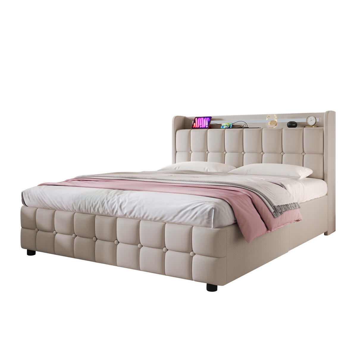 POLSTERBETT 160/200 cm in Beige mit 4 Schubladen, LED und USB Stoff - Beige, Holzwerkstoff/Textil (160/200cm) - STILVORA