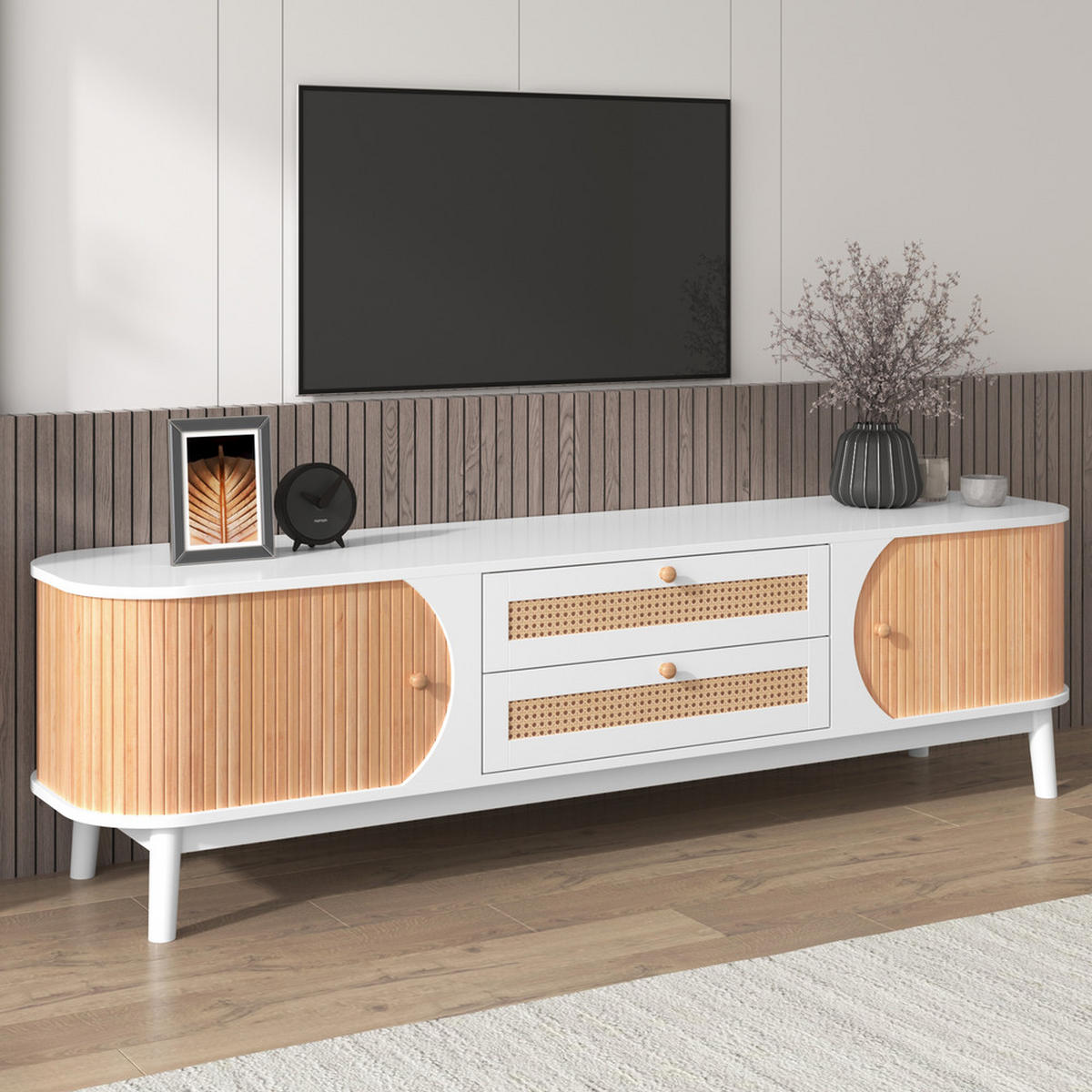 TV-SCHRANK Landhausstil mit Türen & Schubladen Rattanseiten Weiß - Weiß, Holz (47/8/184cm) - FLIEKS