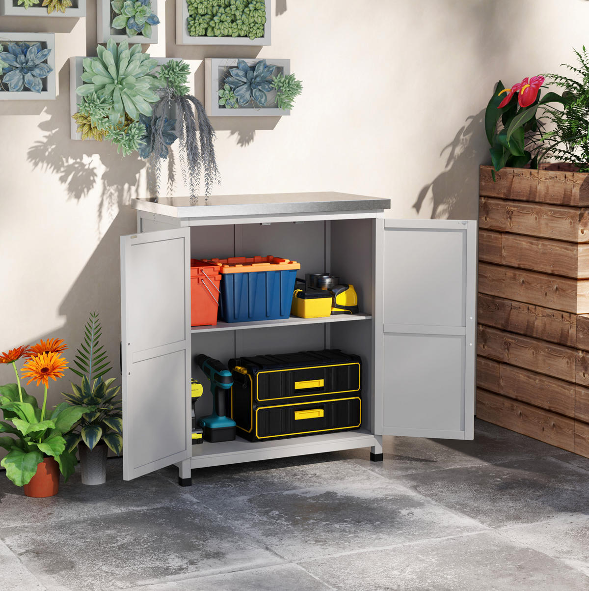 GARTENKOMMODE 79/92/43 cm Grau aus Holz mit verzinkter Tischplatte - Grau, Holz (43/92/79cm) - OKMYHOME