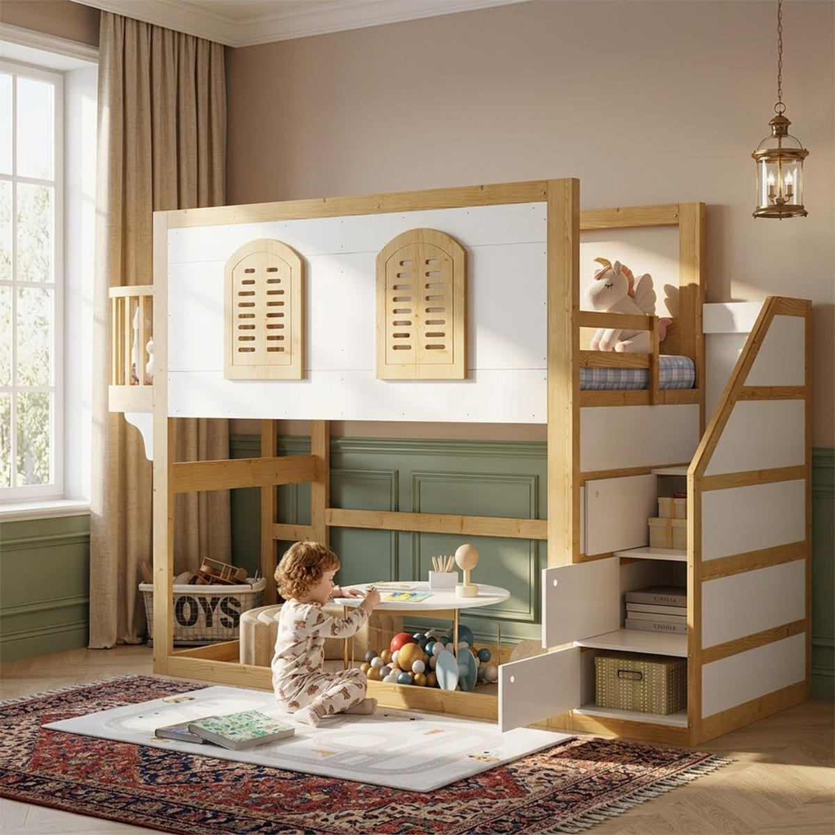 HOCHBETT 90/200 cm in Weiß & Natur mit Treppenschrank und Fensterdesign - Weiß/Naturfarben, Holz/Holzwerkstoff (90/200cm) - WISHDOR