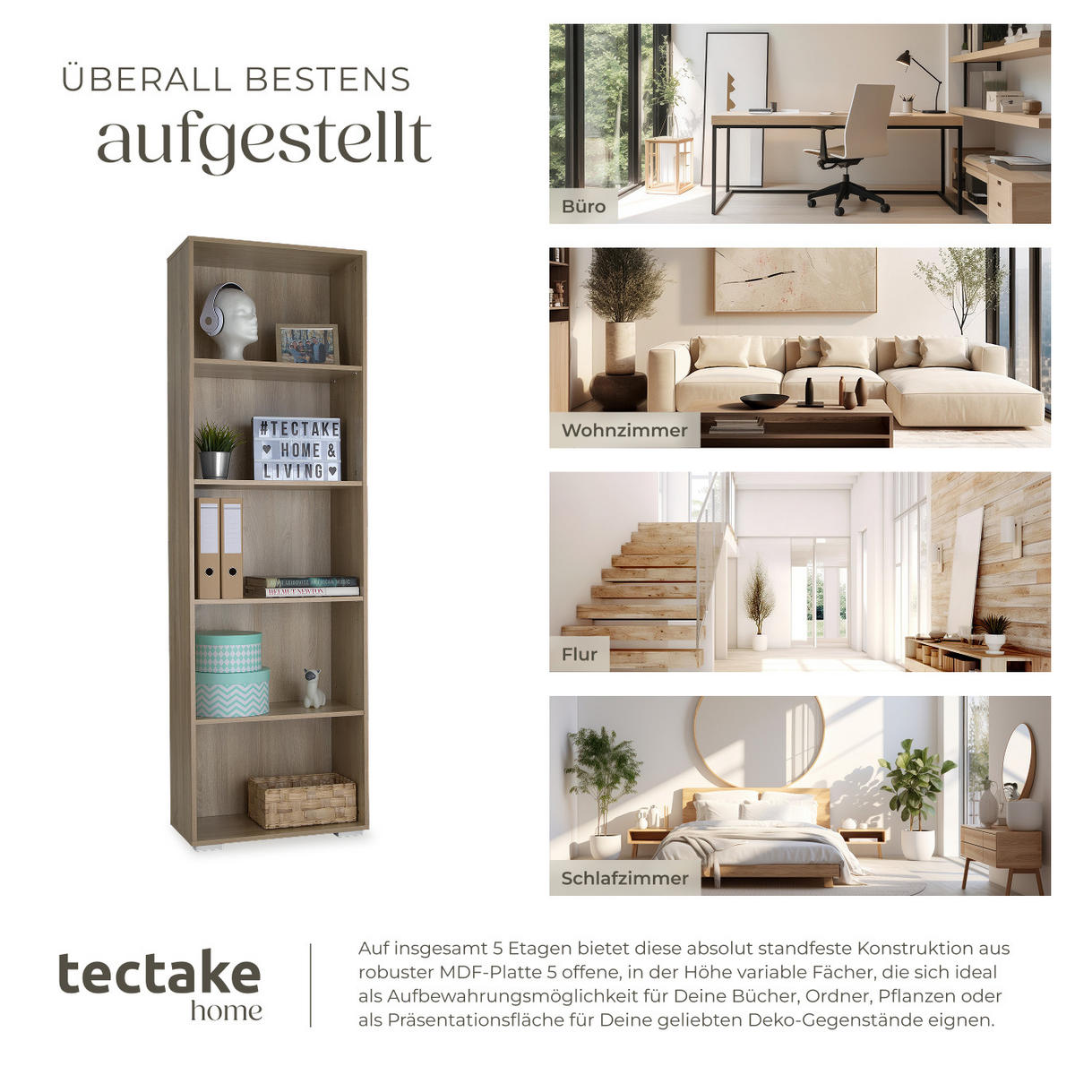 BÜCHERREGAL Lexi,60 x 30 x 190 cm,Holz hell, Eiche Sonoma - Eiche Artisan, Holz (30/190/60cm) - tectake
