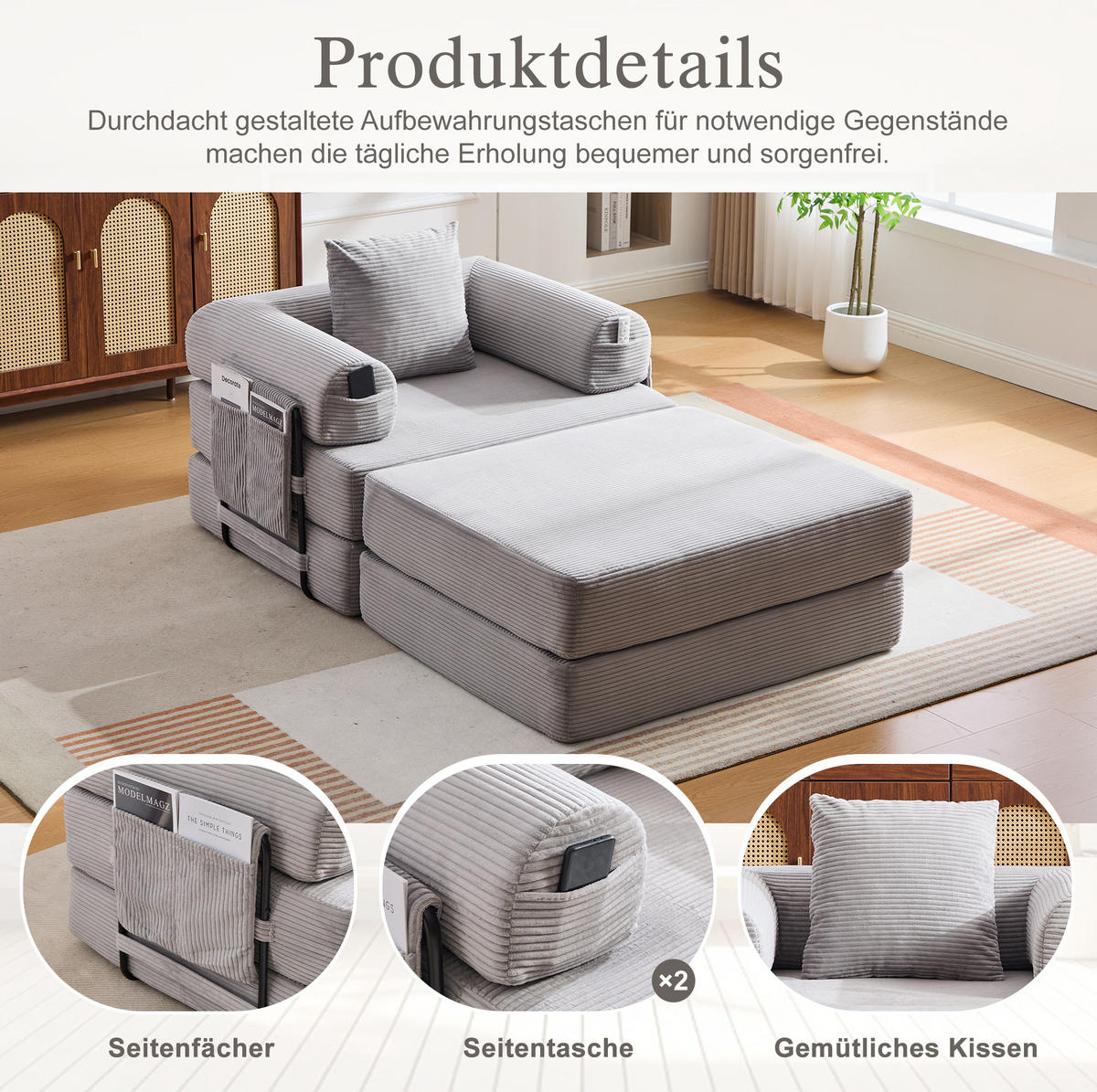 SESSEL mit Hocker aus Cord 112x190x67 cm Hellgrau flexibel kombinierbar, ergonomisch und montagefrei - Hellgrau, Textil (112/67/190cm) - Modfu