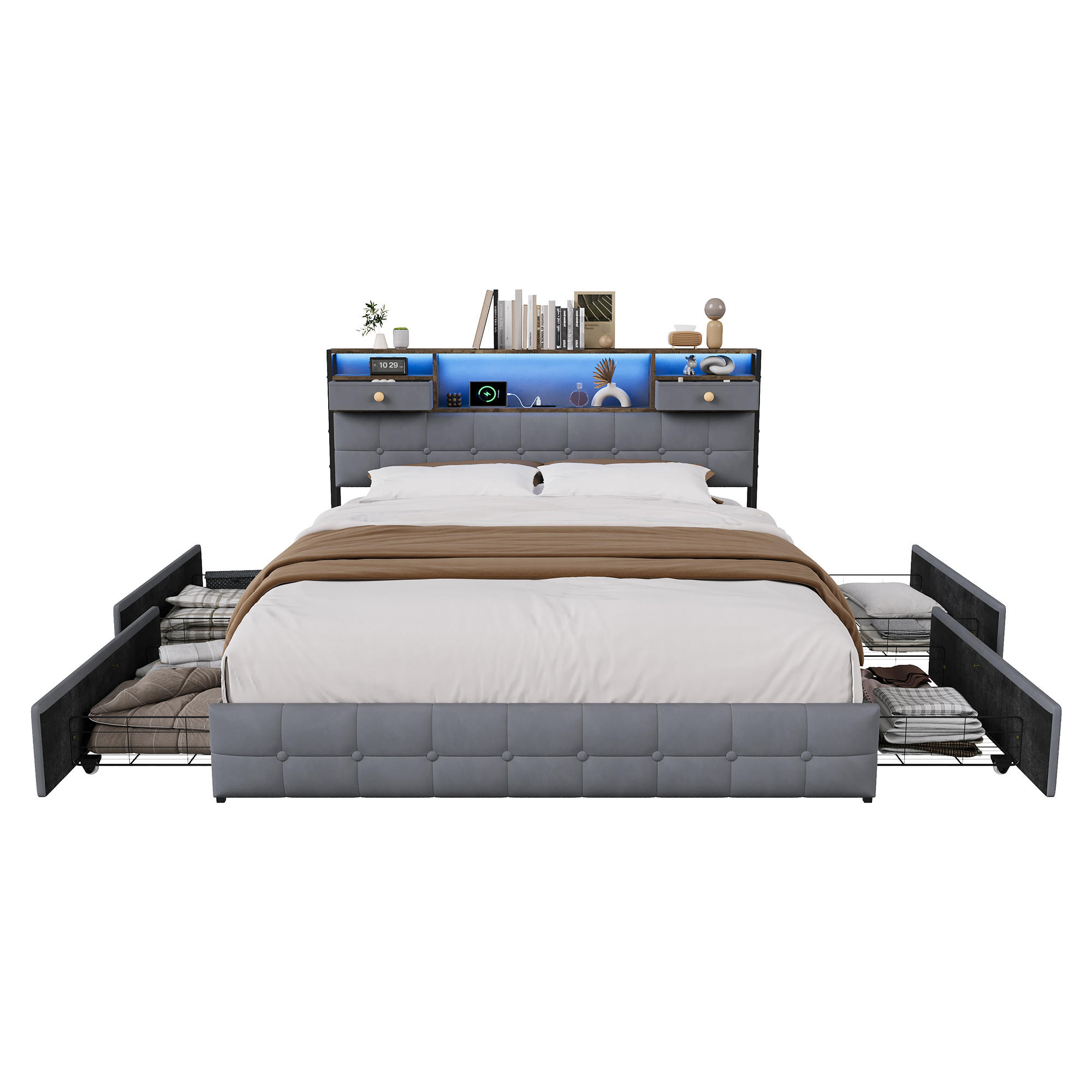 POLSTERBETT 160x200cm mit LED-Beleuchtung, Ladestation & Stauraum - Grau, Holz - SHOPENTRA