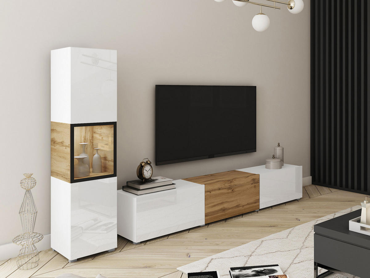 WOHNWAND Berlin I mit weißer LED Beleuchtung - Weiß Hochglanz/Eiche Wotan, Holzwerkstoff/Kunststoff (180/30/33cm) - MIRJAN24