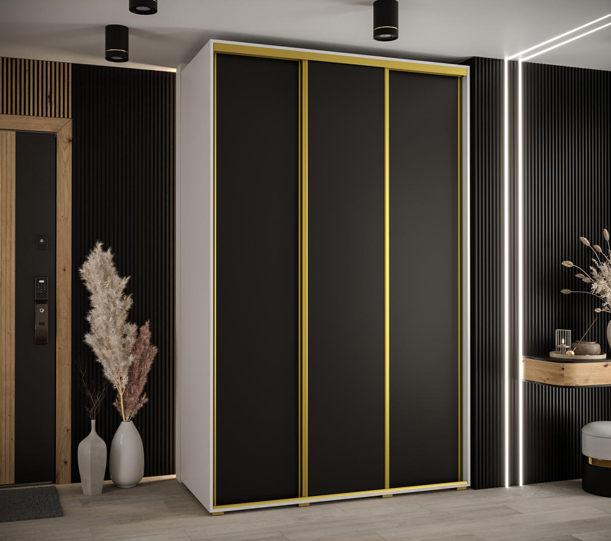 SCHWEBETÜRENSCHRANK 235,2/160/60 3-türig - Goldfarben/Schwarz, Holz/Metall (160/235/60cm) - Abiks Möbel