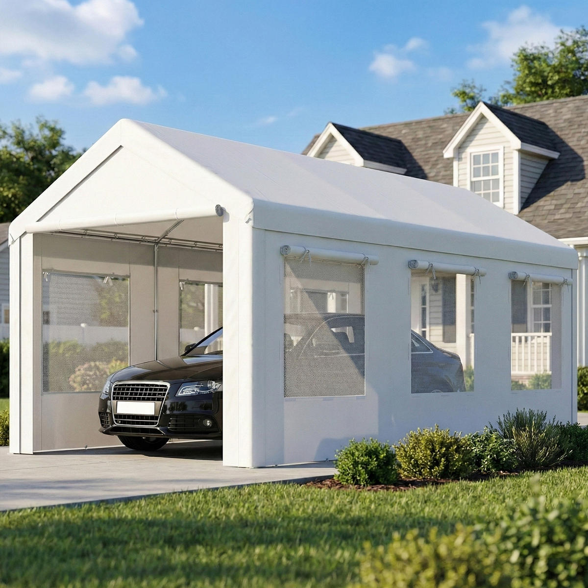 CARPORT DE-12739 300/600 cm UV30+ höhenverstellbar mit 6 Fenstern und Moskitonetz Weiß - Weiß, Metall (295/295/600cm) - ComfortXL