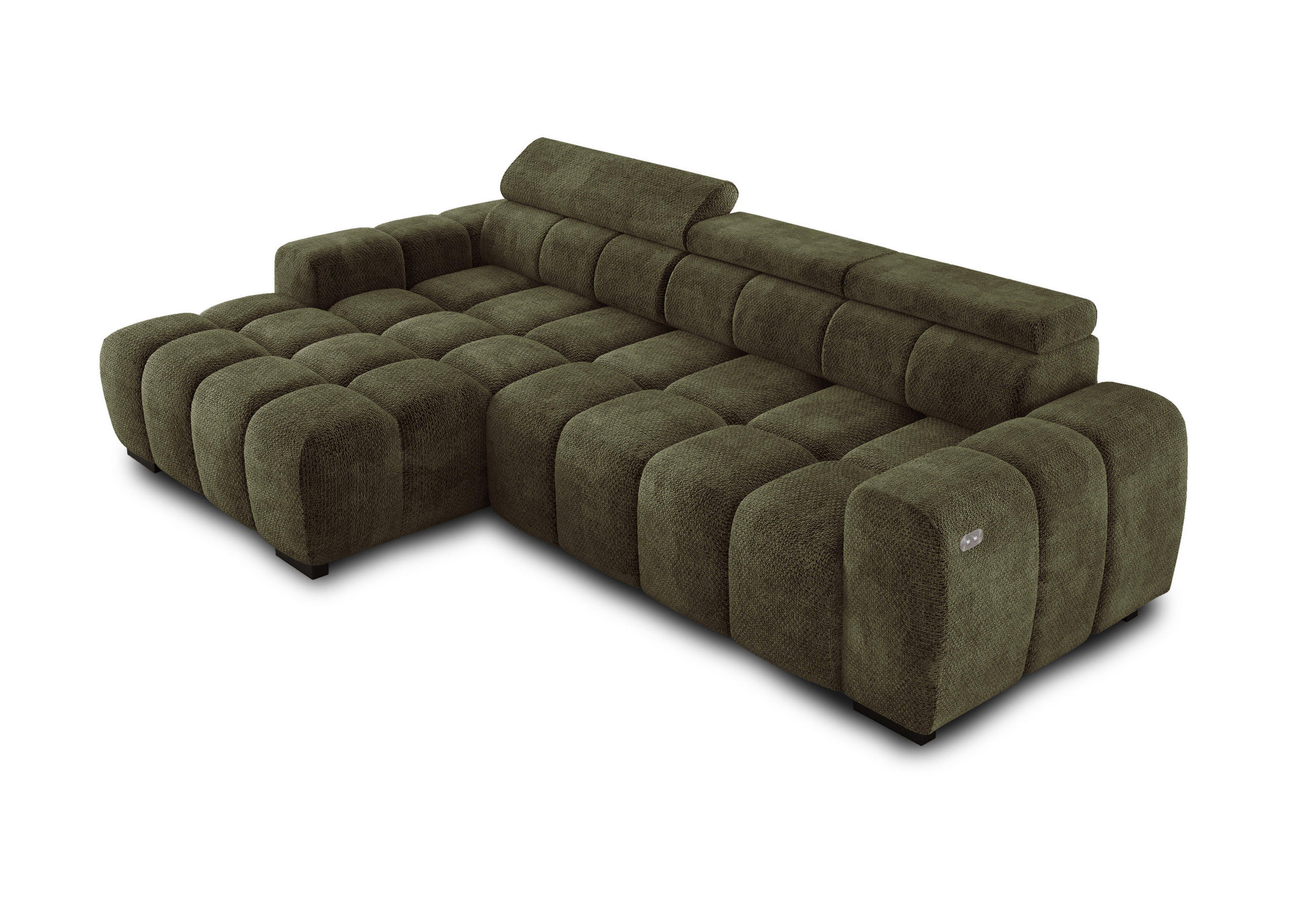 ECKSOFA OMBO 285x168x77/97 cm, Links, Schlaffunktion, elektr. Sitz, Kopfstützen, hydrophober EDEN-Stoff – Olivgrün - Olivgrün, Holz/Textil (168/285cm) - DomoHome