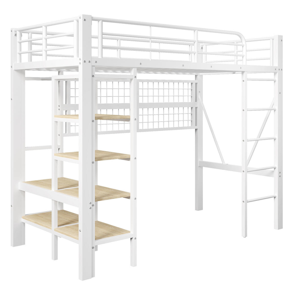 HOCHBETT 90/200 cm mit Eisenrahmen, Schreibtisch, LED-Lichtleiste, USB-Anschluss und Stauraumleiter, Weiß - Weiß, Metall (90/200cm) - Redom