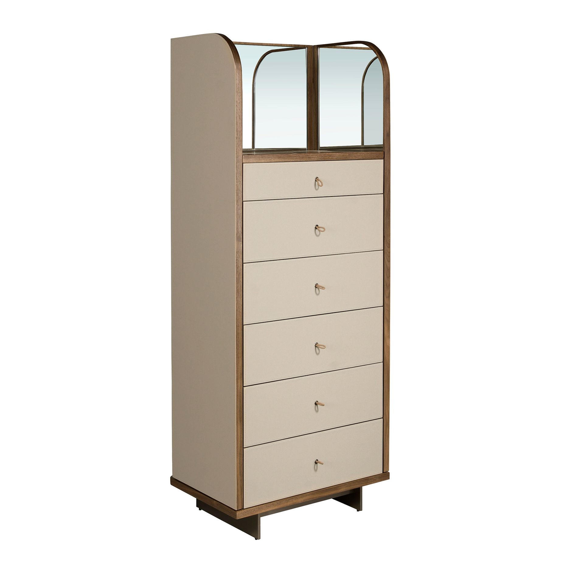 HIGHBOARD Chifonier Leder, Nussbaum und polierter Stahl mit Spiegel 65/42/168 cm - Silberfarben/Walnussfarben, Leder/Holz (65/168/42cm) - ANGEL CERDA