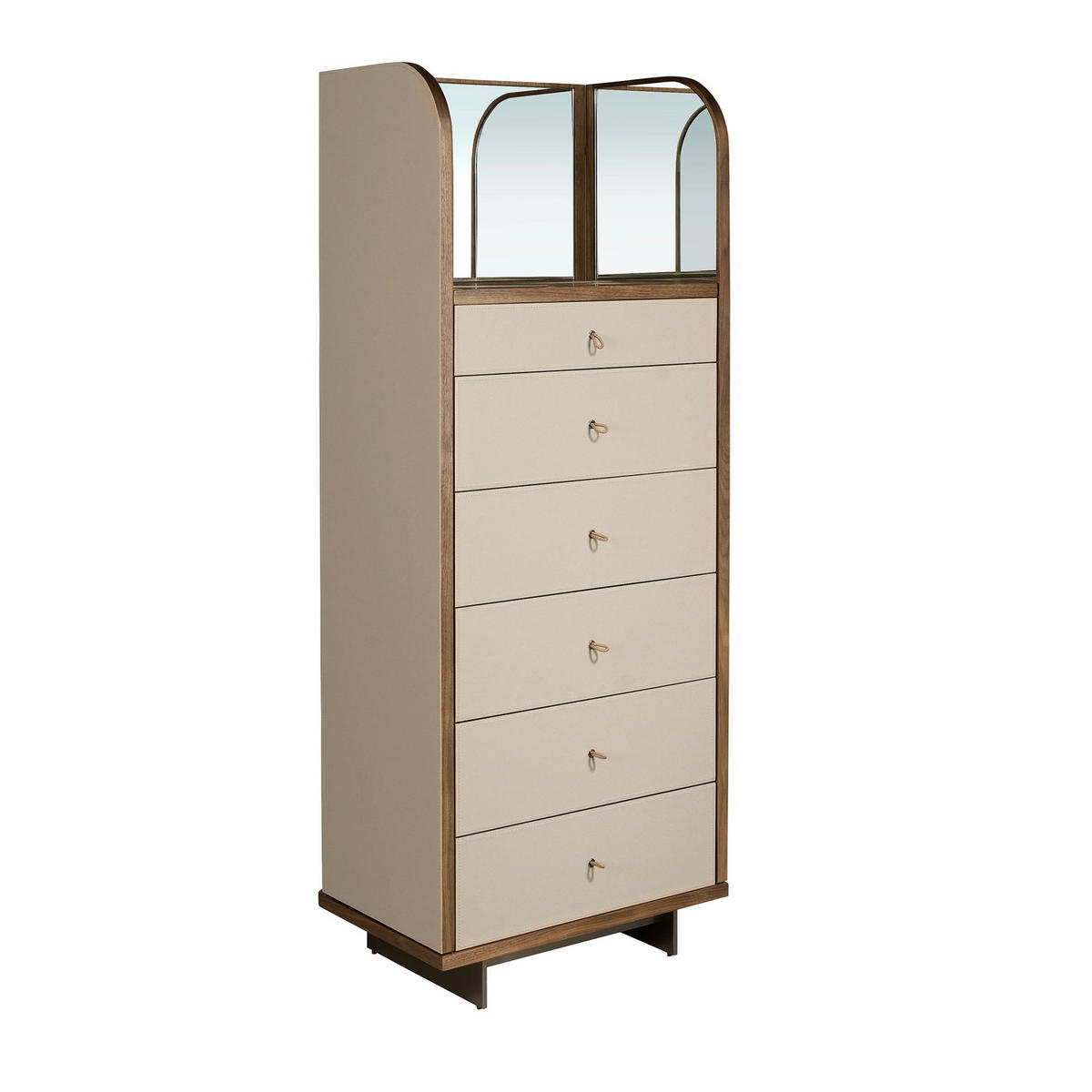 HIGHBOARD Chifonier Leder, Nussbaum und polierter Stahl mit Spiegel 65/42/168 cm - Silberfarben/Walnussfarben, Leder/Holz (65/168/42cm) - ANGEL CERDA