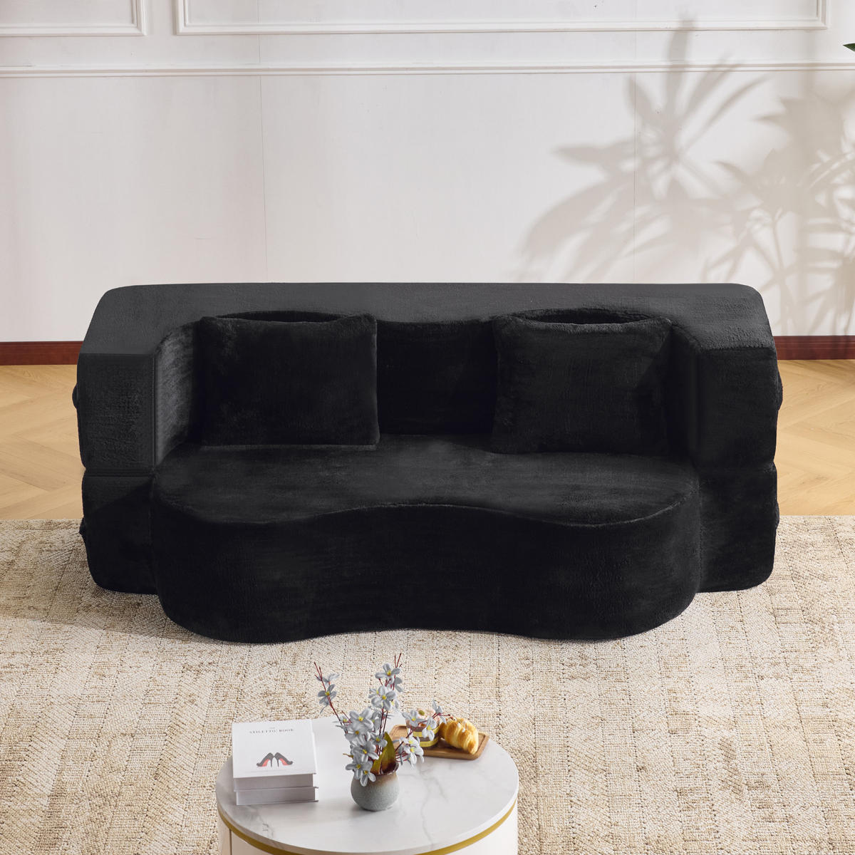 2-SITZER SCHLAFSOFA Mikrofaser Schwarz mit Klappfunktion und 2 Kissen - Schwarz, Textil (180/70/110cm) - WISHDOR