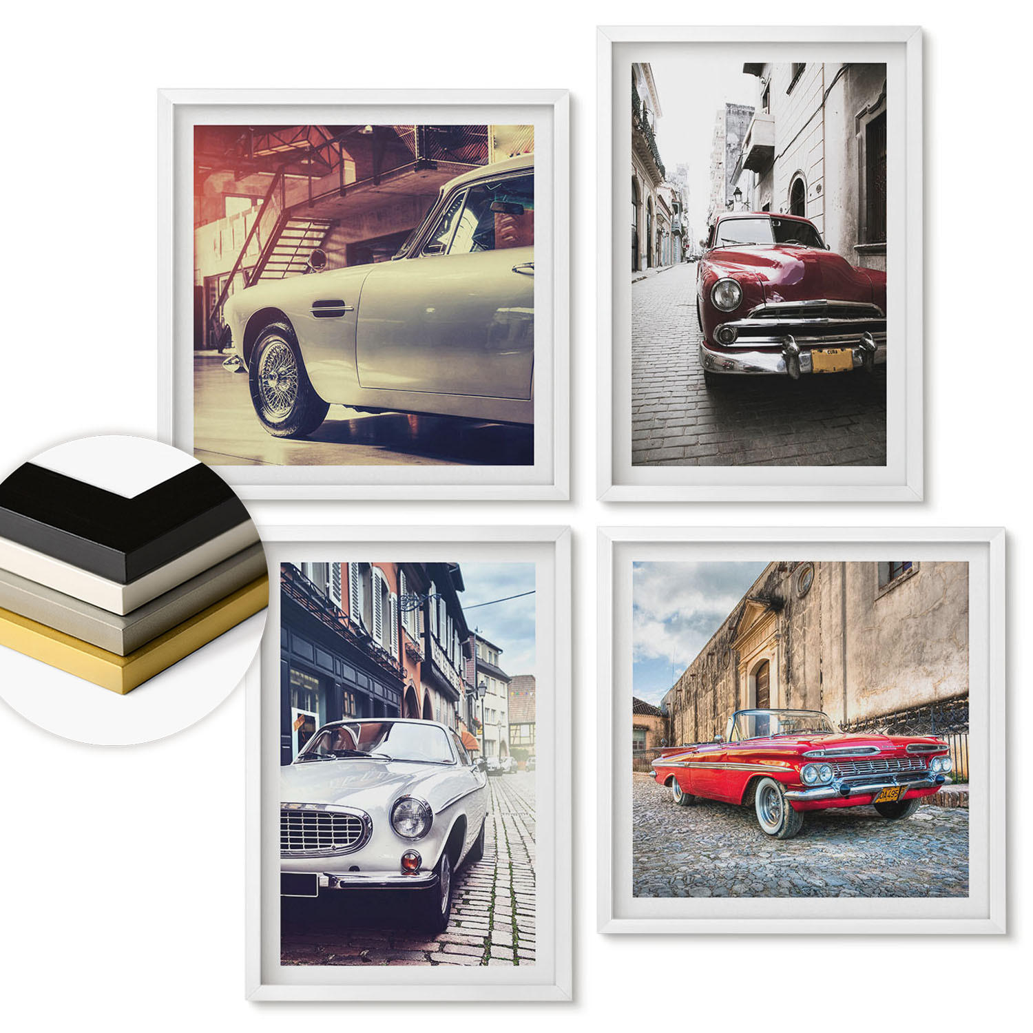 WANDBILDER 4er-Set - 50x50 cm & 40x60 cm Weißer Rahmen - Oldtimer in Städten - Weiß, Kunststoff (50/50cm) - ArtPrintCave