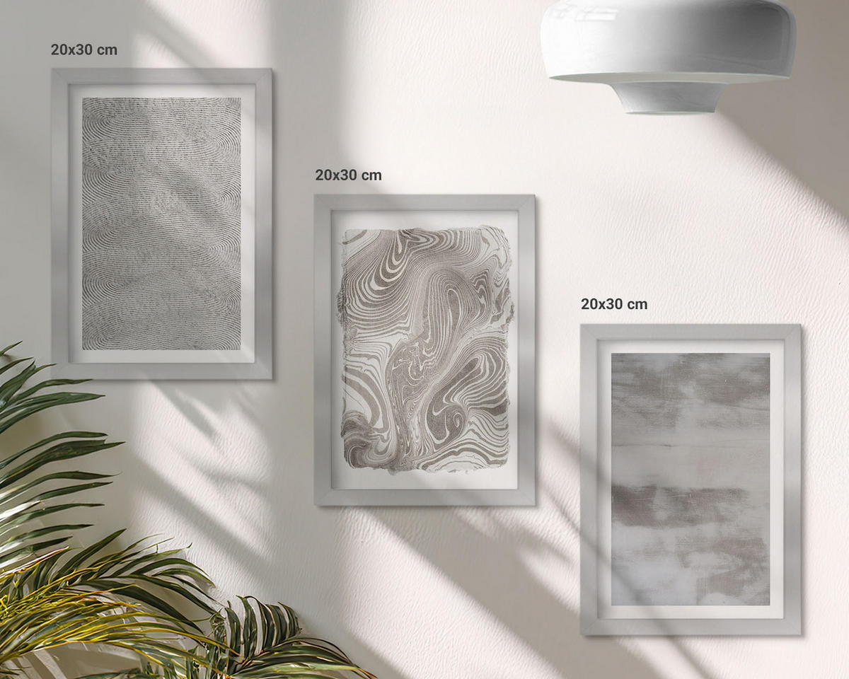 BILDER SET 3er Set - 20x30 cm Silberner Rahmen - Industrielle abstrakte Muster - Silberfarben, Kunststoff (20/30cm) - TULUP