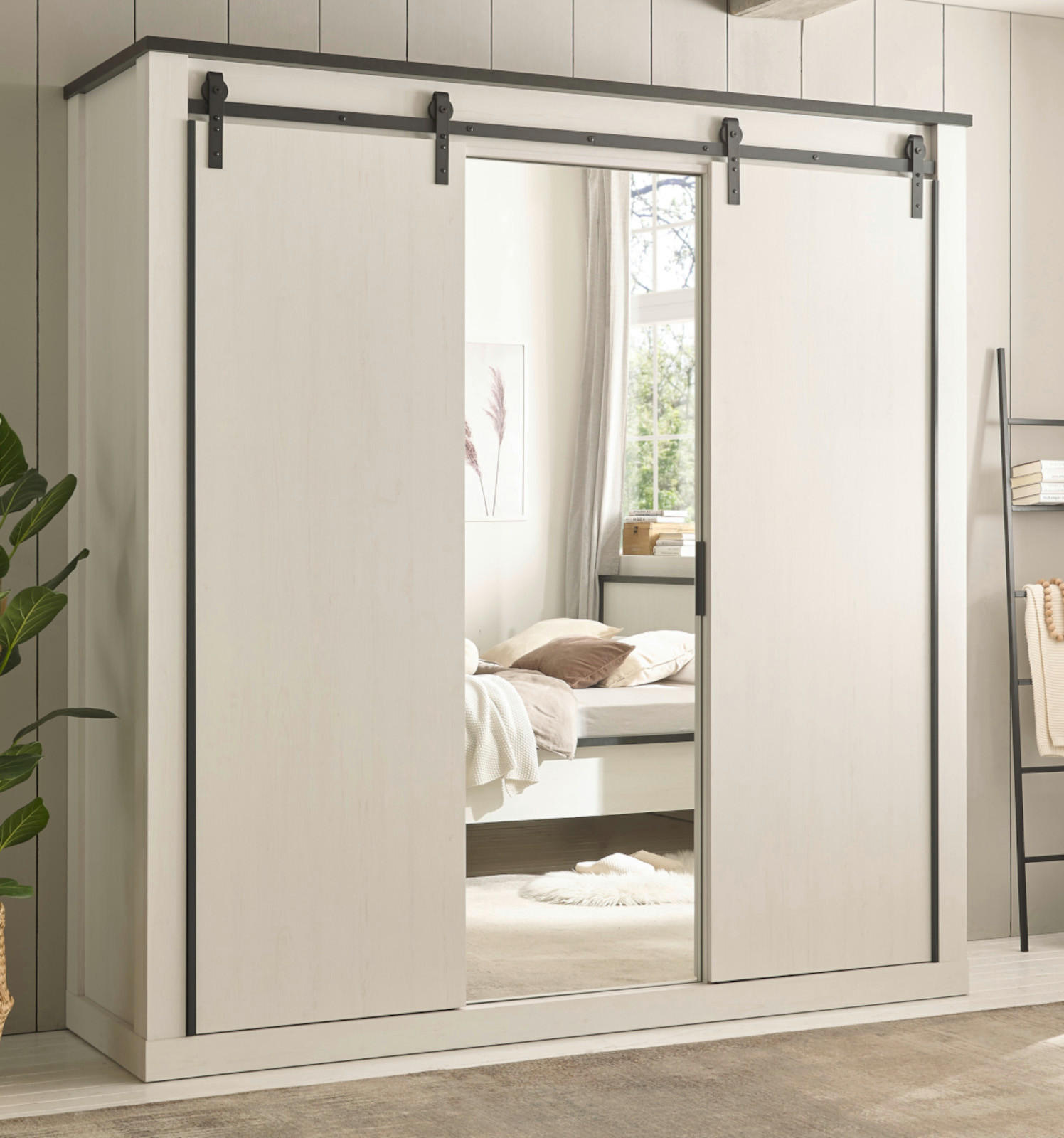KLEIDERSCHRANK weiß Pinie, anthrazit Landhaus, Schiebetürenschrank 3-türig mit Spiegel 201 x 209 - Anthrazit/Weiß, Holzwerkstoff/Metall (201/209/63cm) - Furn.Design