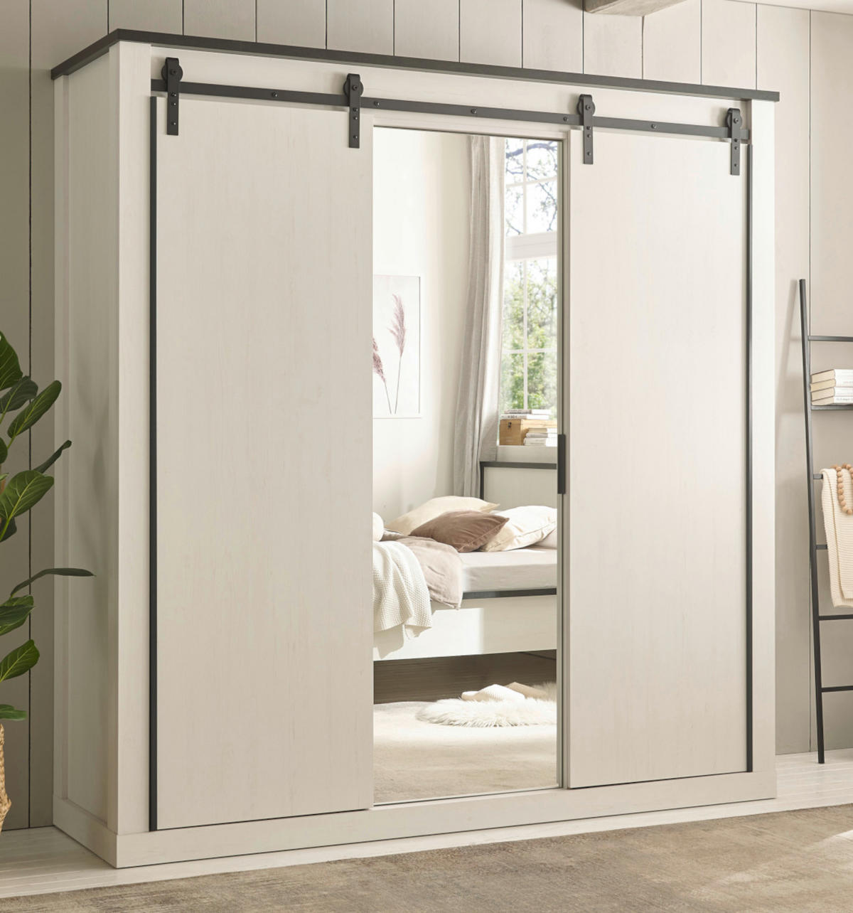 KLEIDERSCHRANK weiß Pinie, anthrazit Landhaus, Schiebetürenschrank 3-türig mit Spiegel 201 x 209 - Anthrazit/Weiß, Holzwerkstoff/Metall (201/209/63cm) - Furn.Design