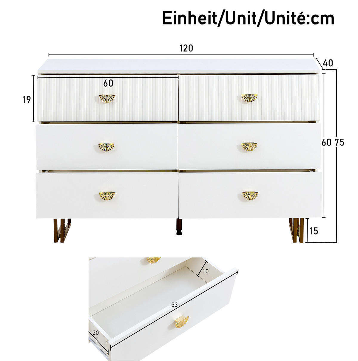 SIDEBOARD 120/40/75 cm mit 6 Schubladen in Weiß und goldfarbenen Griffen - Weiß, Holzwerkstoff (120/75/40cm) - BEAOK