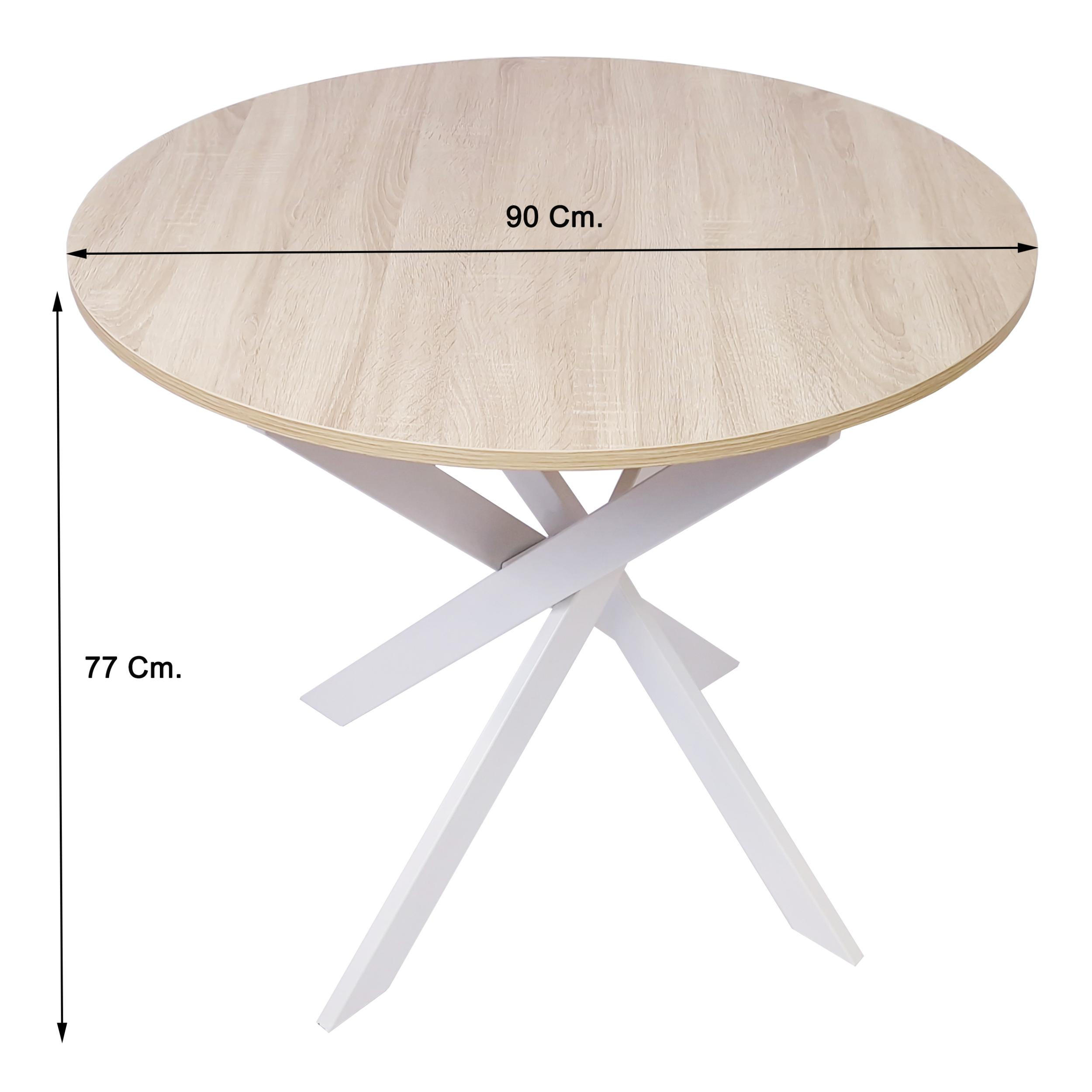 ESSZIMMERTISCH Rund eiche, Beine aus Metall weiß lackiert, 90/90/77cm - Eichefarben/Weiß, Holzwerkstoff (90/90/77cm) - Skraut Home