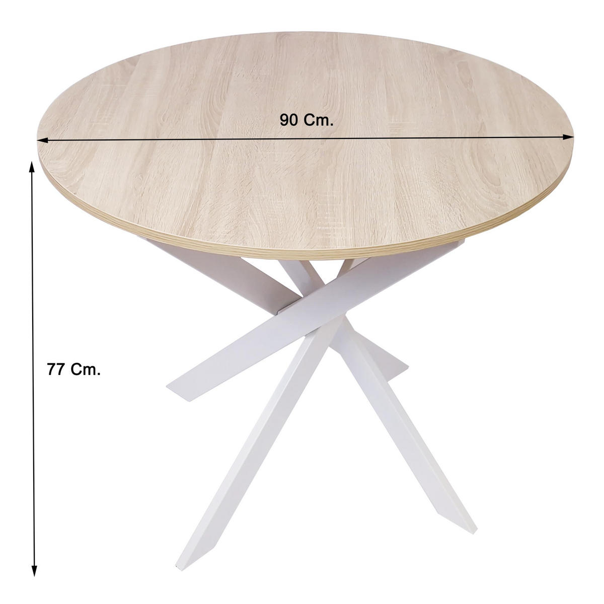 ESSZIMMERTISCH Rund eiche, Beine aus Metall weiß lackiert, 90/90/77cm - Eichefarben/Weiß, Holzwerkstoff (90/90/77cm) - Skraut Home