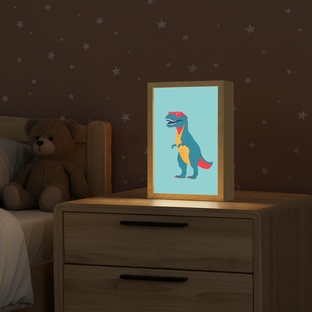 NÁSTĚNNÁ LAMPA Dinosaurus - Modrá - Sluneční brýle 20x30 cm - světle modrá, kompozitní dřevo (20/30/8cm) - OnlyWow