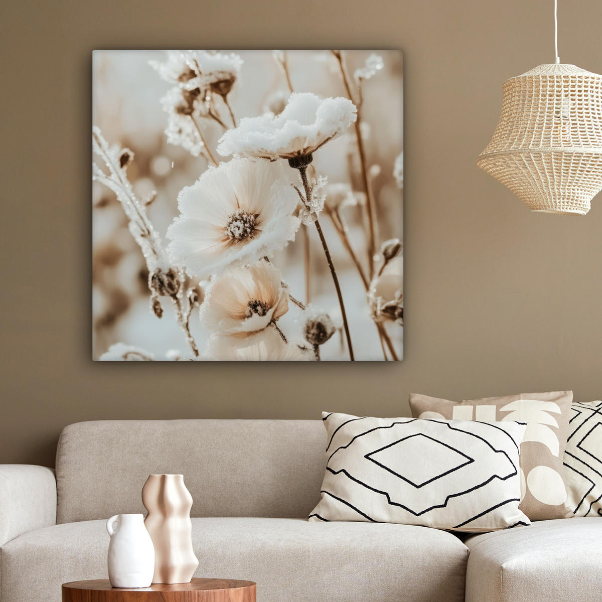 LEINWANDBILD Blumen - Winter - Weiß - Schnee - Beige 90x90 cm - Creme, Textil (90/90cm) - MuchoWow